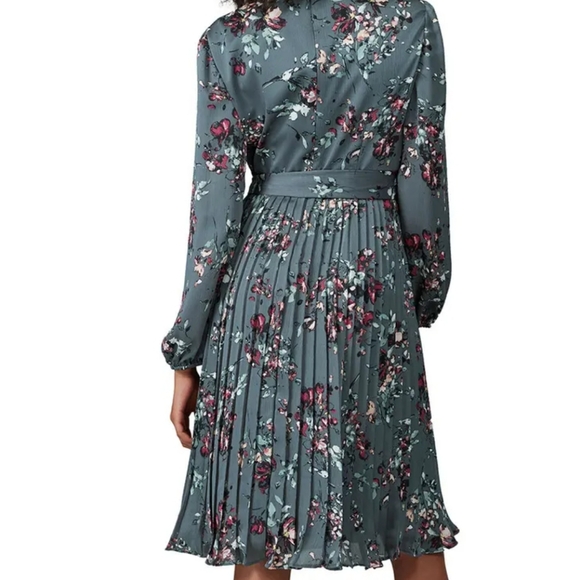 Adrianna Papell Teal Mauve Floral Printed Crinkle Long Sleeve Wrap Dress Size 4 - Picture 2 of 14